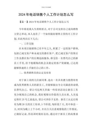 2024年电话销售个人工作计划怎么写