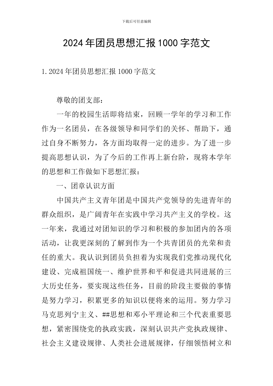 2024年团员思想汇报1000字范文_第1页