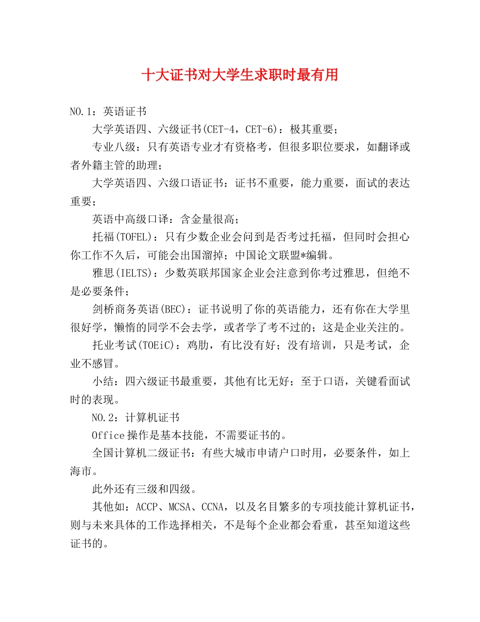 十大证书对大学生求职时最有用 _第1页
