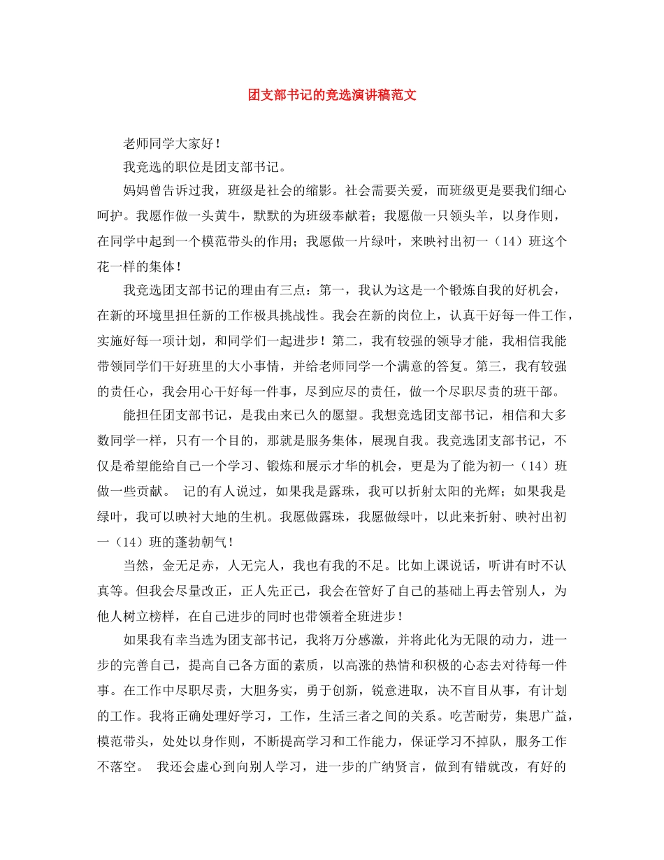 团支部书记的竞选演讲稿范文 _第1页