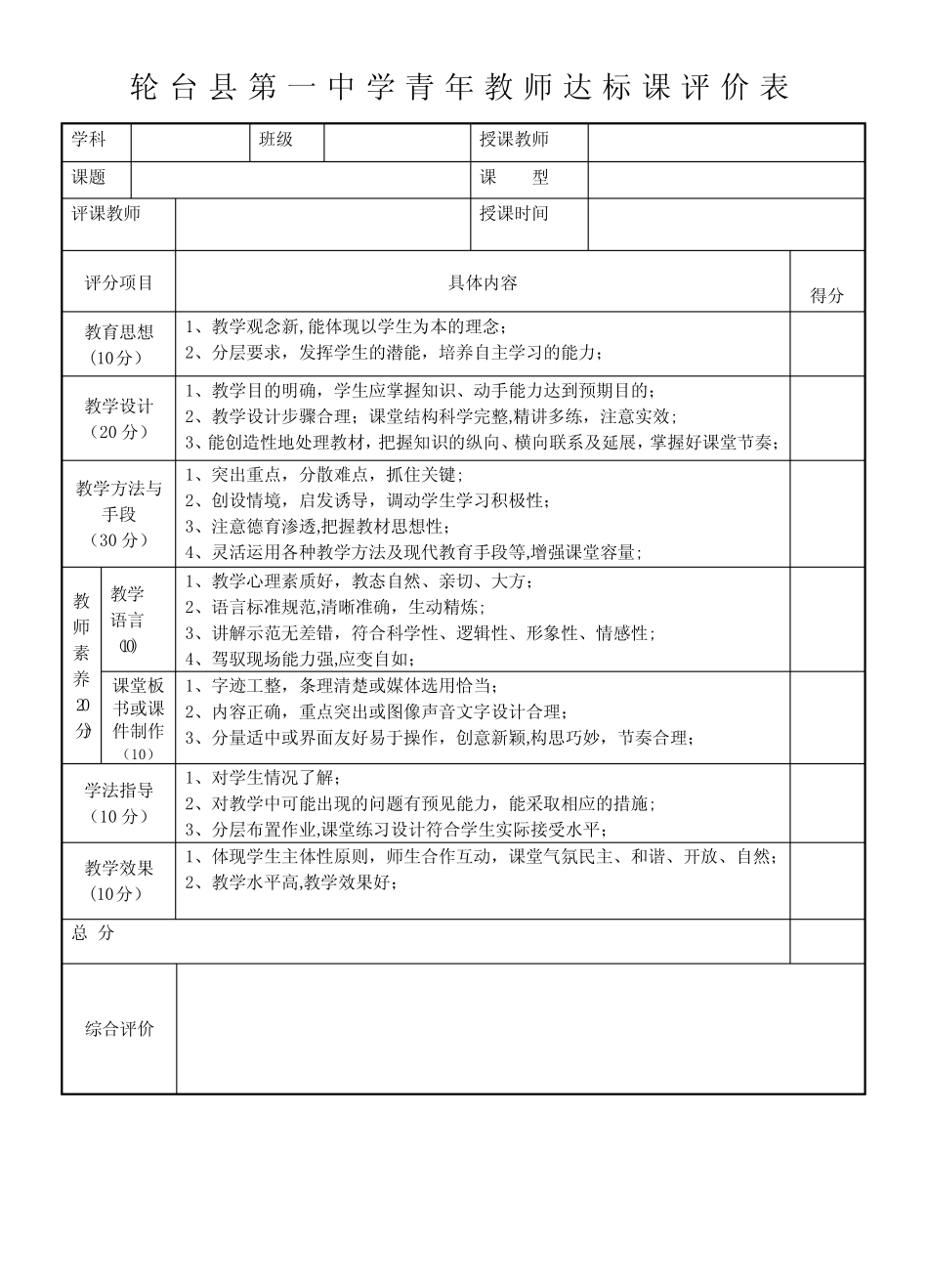 高中教师公开课课堂教学评价表 _第1页