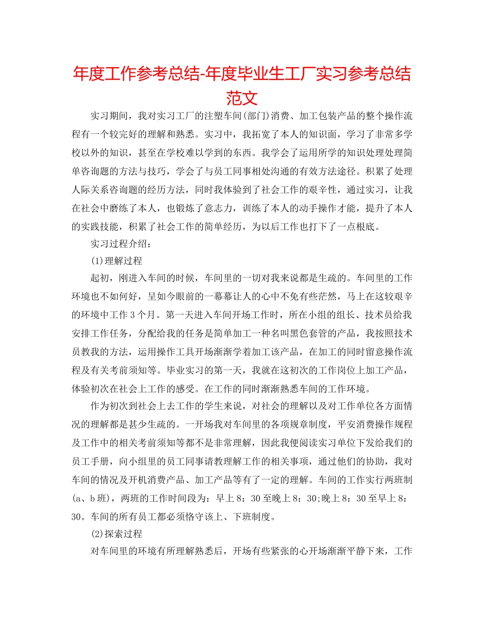 年度工作参考总结-年度毕业生工厂实习参考总结范文 _第1页