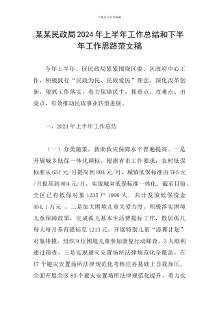 某某民政局2024年上半年工作总结和下半年工作思路范文稿