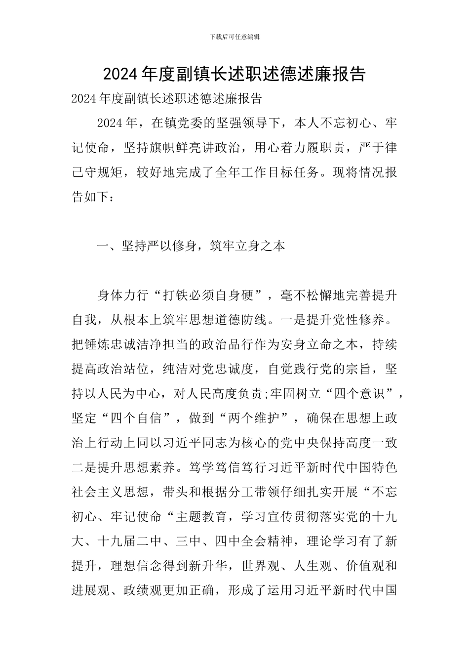 2024年度副镇长述职述德述廉报告_第1页