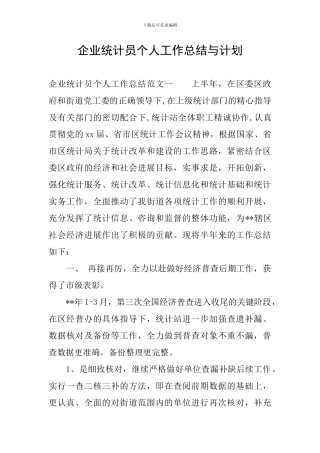 企业统计员个人工作总结与计划