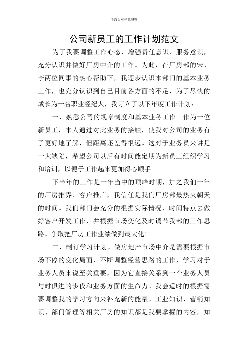 公司新员工的工作计划范文_第1页