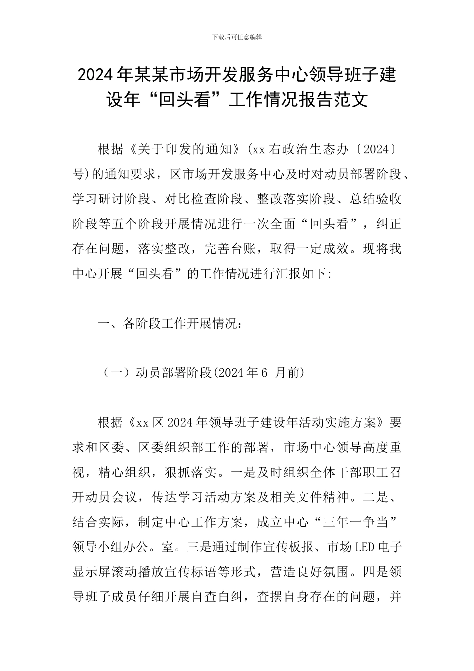 2024年某某市场开发服务中心领导班子建设年“回头看”工作情况报告范文_第1页