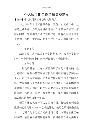个人试用期工作总结简短范文