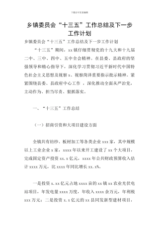 乡镇委员会“十三五”工作总结及下一步工作计划