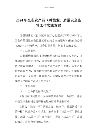 2024年全市农产品质量安全监管工作实施方案