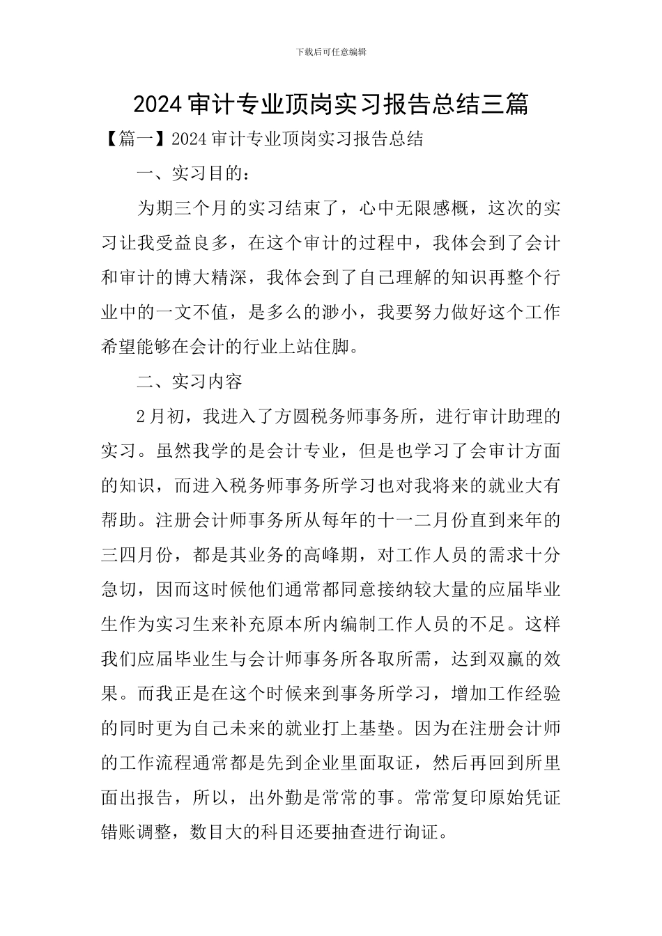 2024审计专业顶岗实习报告总结三篇_第1页
