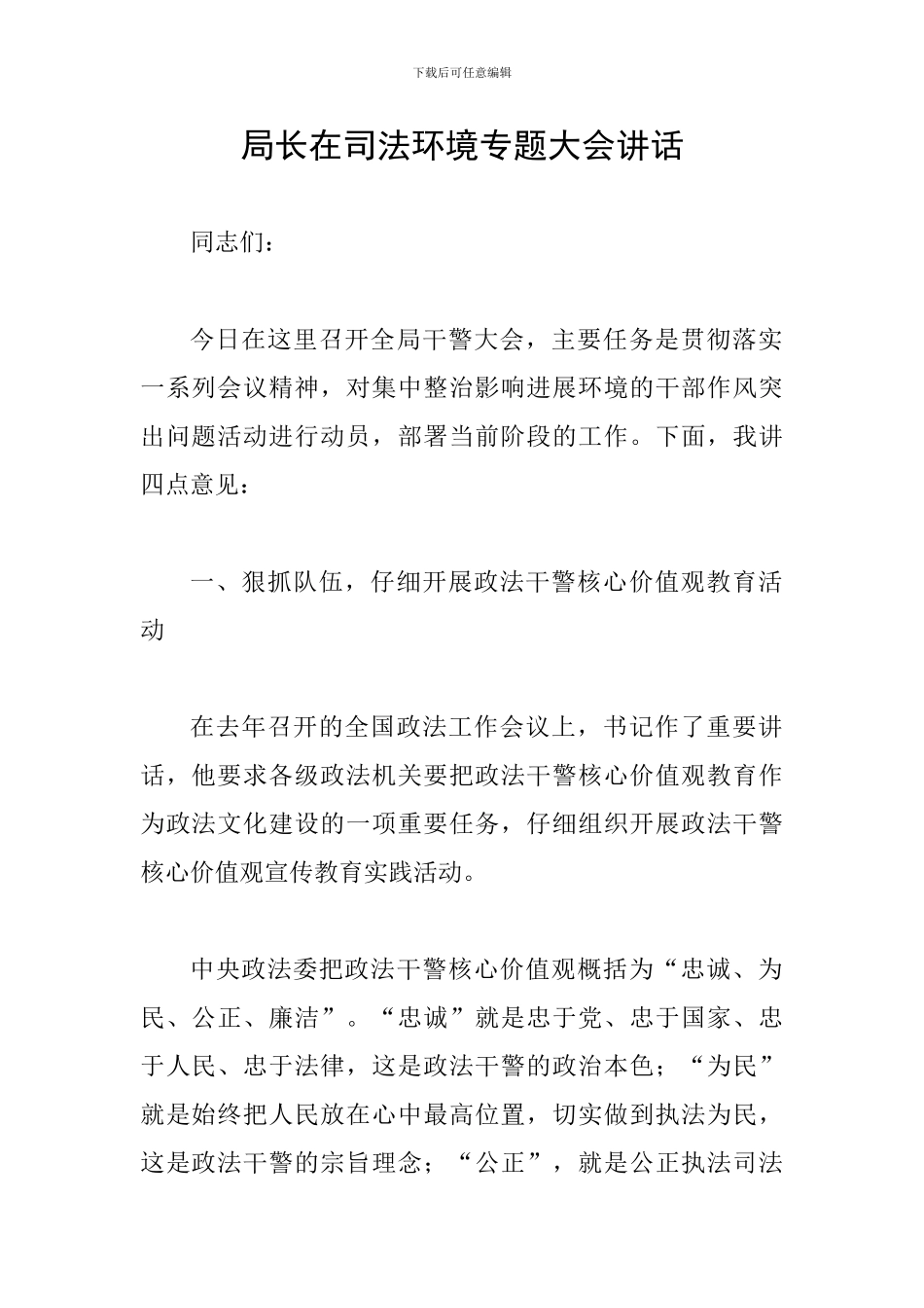 局长在司法环境专题大会讲话_第1页