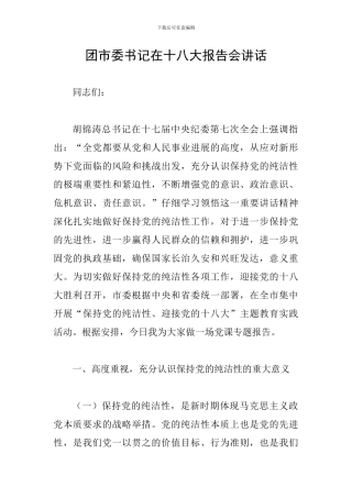 团市委书记在十八大报告会讲话