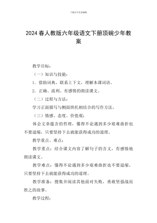 2024春人教版六年级语文下册顶碗少年教案