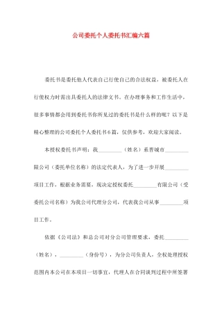 公司委托个人委托书汇编六篇