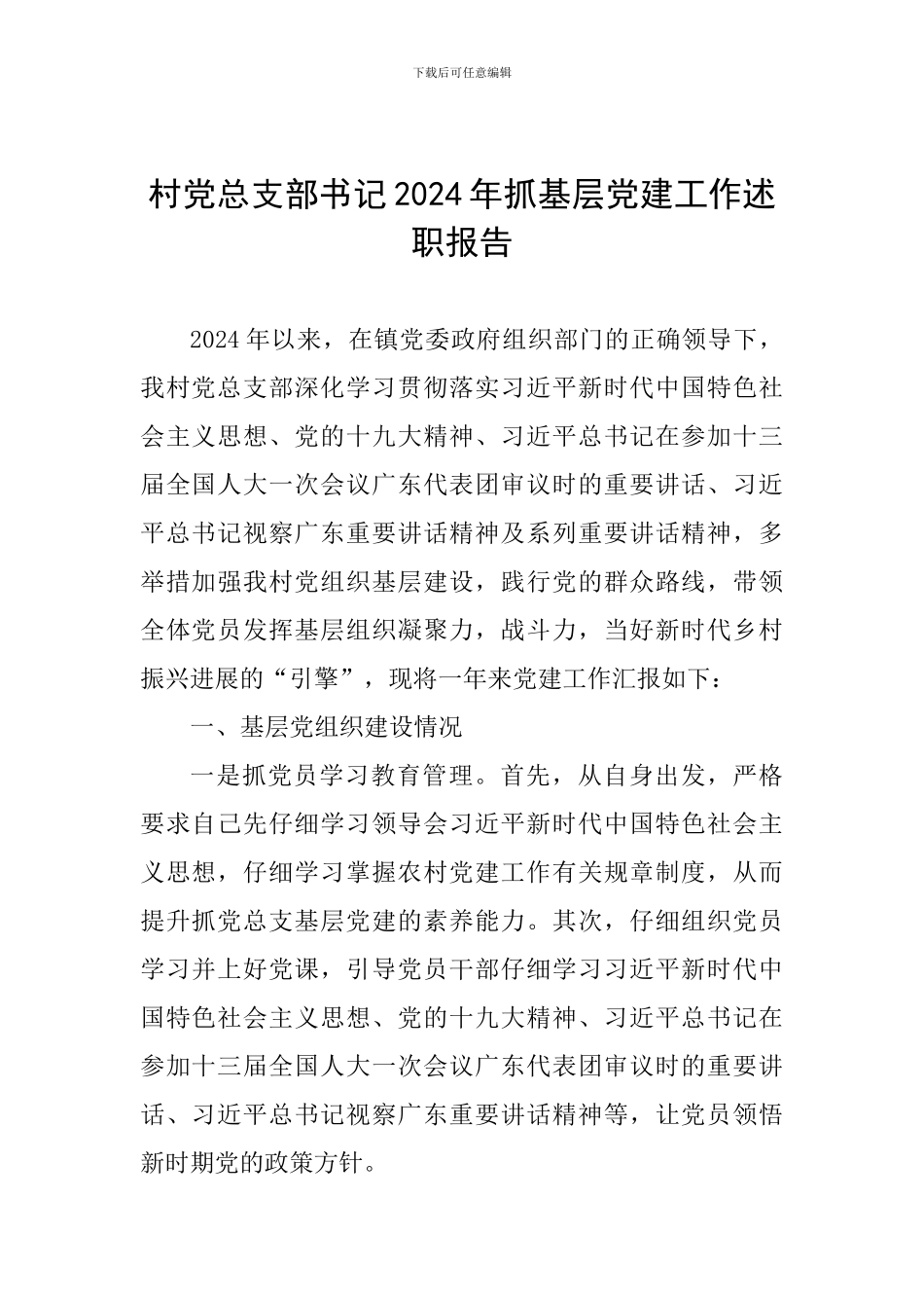 村党总支部书记2024年抓基层党建工作述职报告_第1页