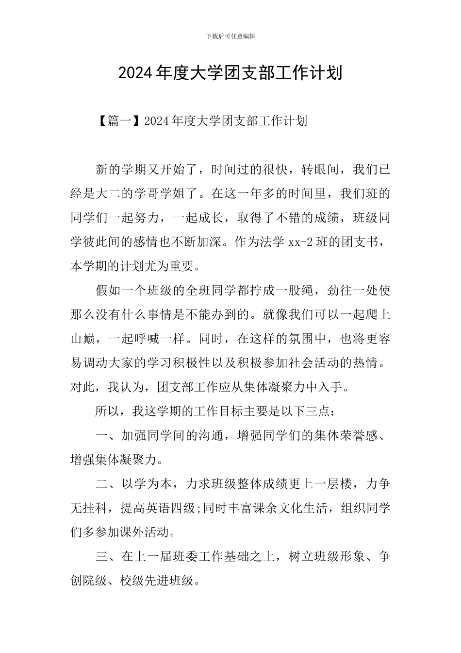 2024年度大学团支部工作计划_第1页