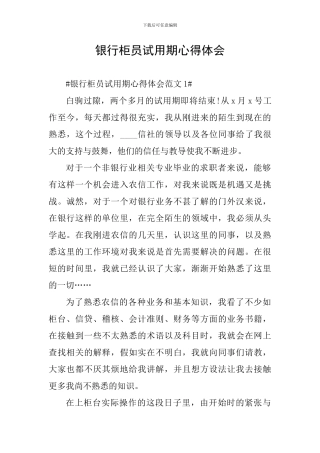 银行柜员试用期心得体会