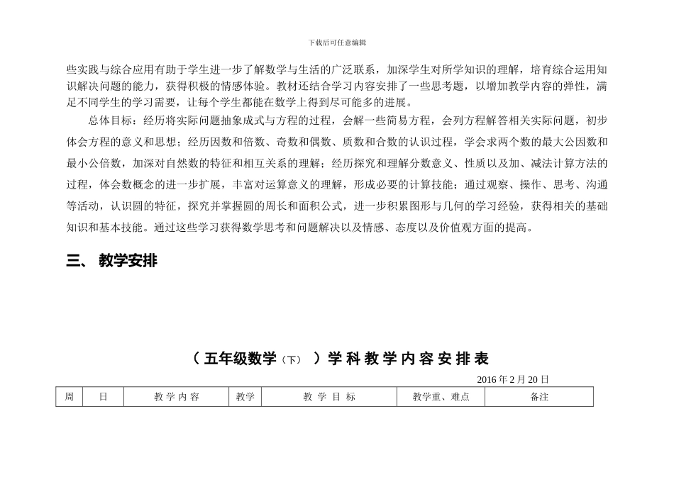 2024年春苏教版小学数学五年级下学期第二学期教学计划教学设计_第2页