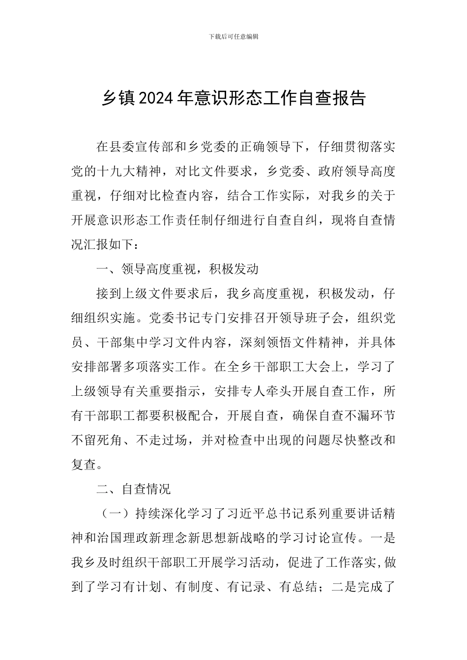 乡镇2024年意识形态工作自查报告_第1页