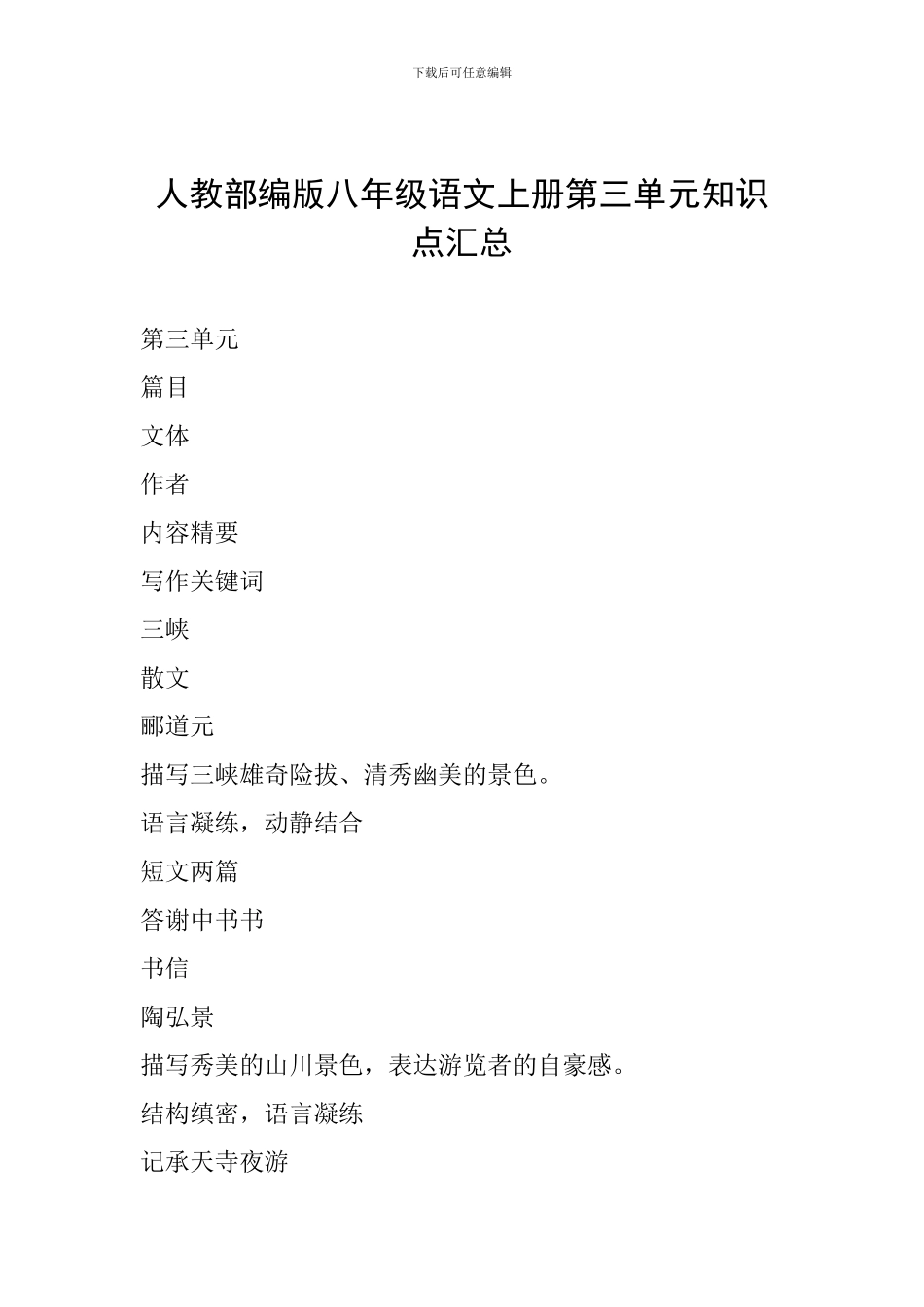 人教部编版八年级语文上册第三单元知识点汇总_第1页