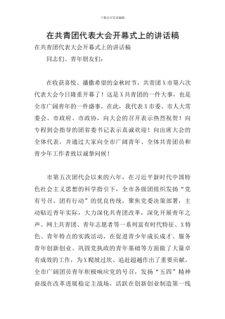 在共青团代表大会开幕式上的讲话稿