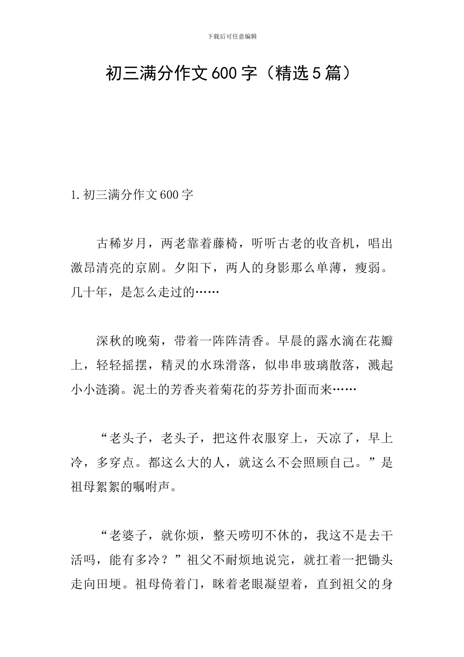 初三满分作文600字(精选5篇)_第1页