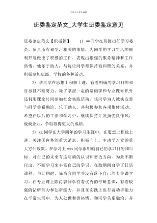 班委鉴定范文-大学生班委鉴定意见