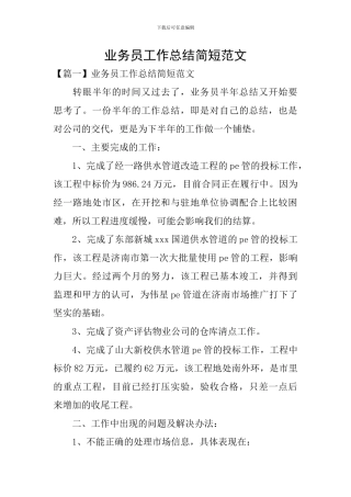 业务员工作总结简短范文