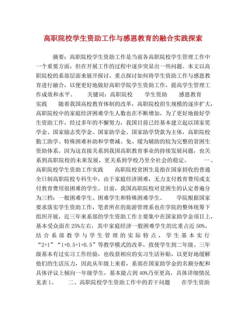 高职院校学生资助工作与感恩教育的融合实践探索 _第1页