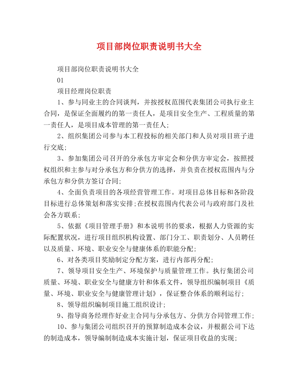 项目部岗位职责说明书大全 _第1页
