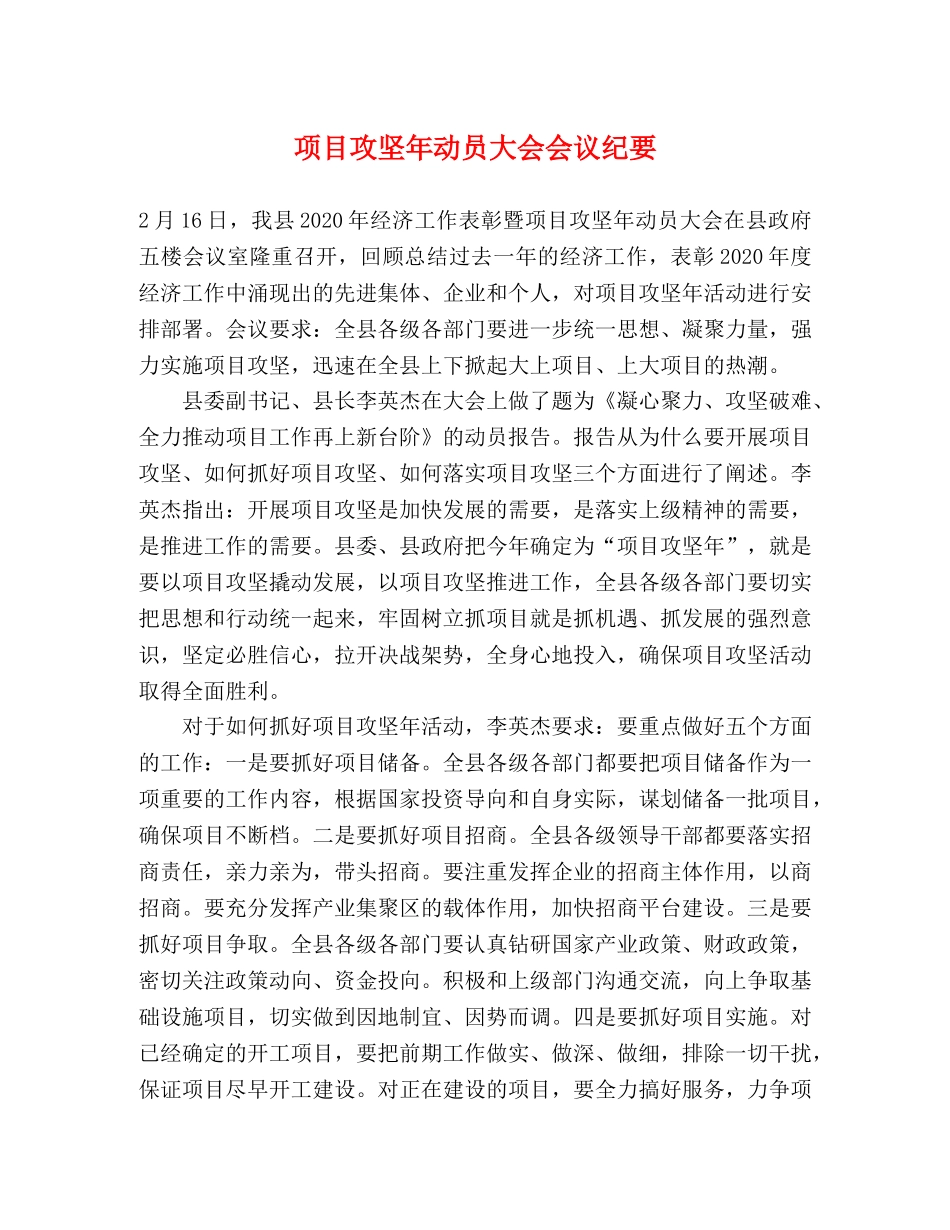 项目攻坚年动员大会会议纪要 _第1页