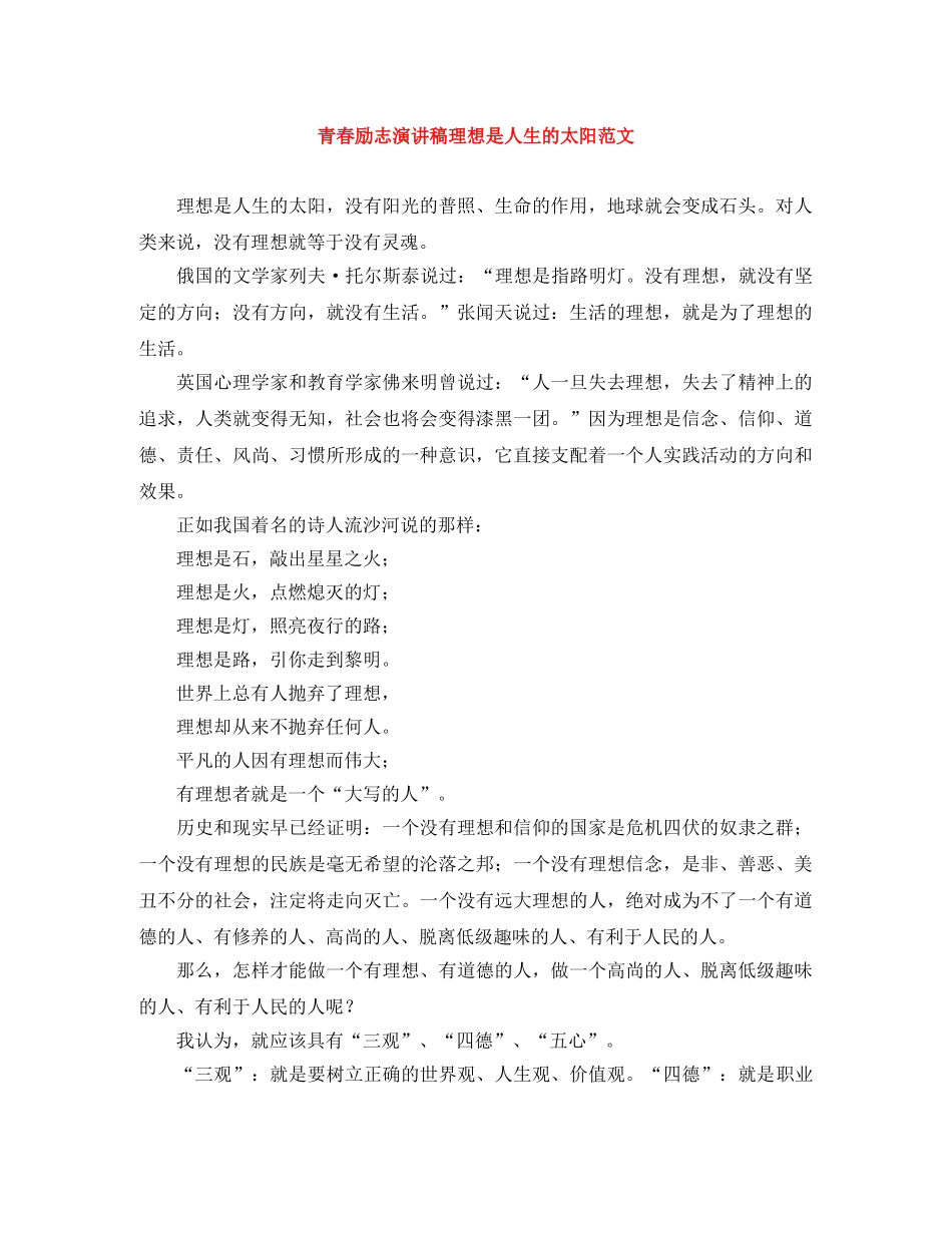 青春励志演讲稿理想是人生的太阳范文 _第1页