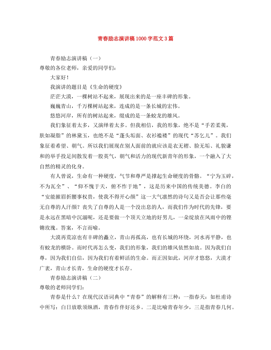 青春励志演讲稿1000字范文3篇 _第1页
