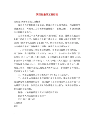 陕西省最低工资标准 