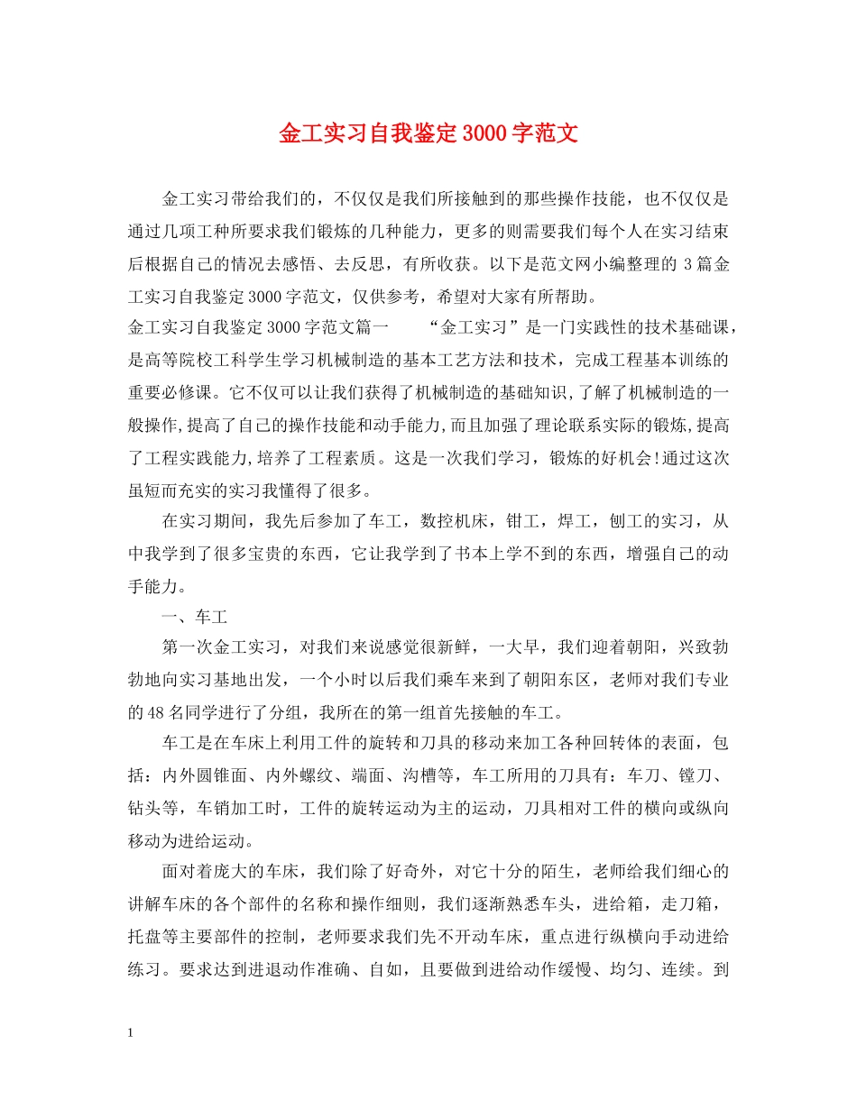 金工实习自我鉴定3000字范文 _第1页