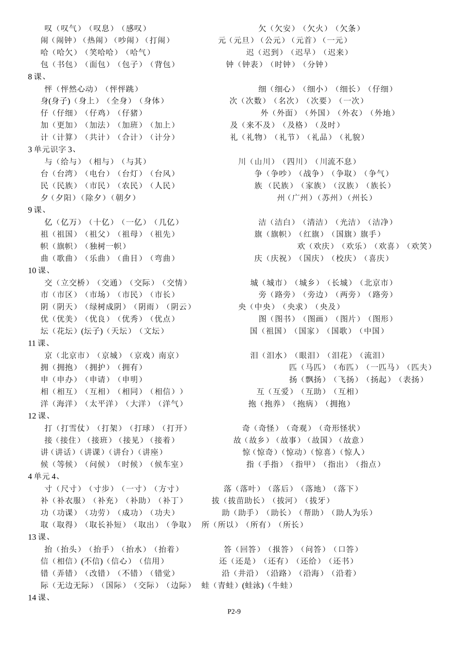 人教版小学语文二年级上册词语表_第2页