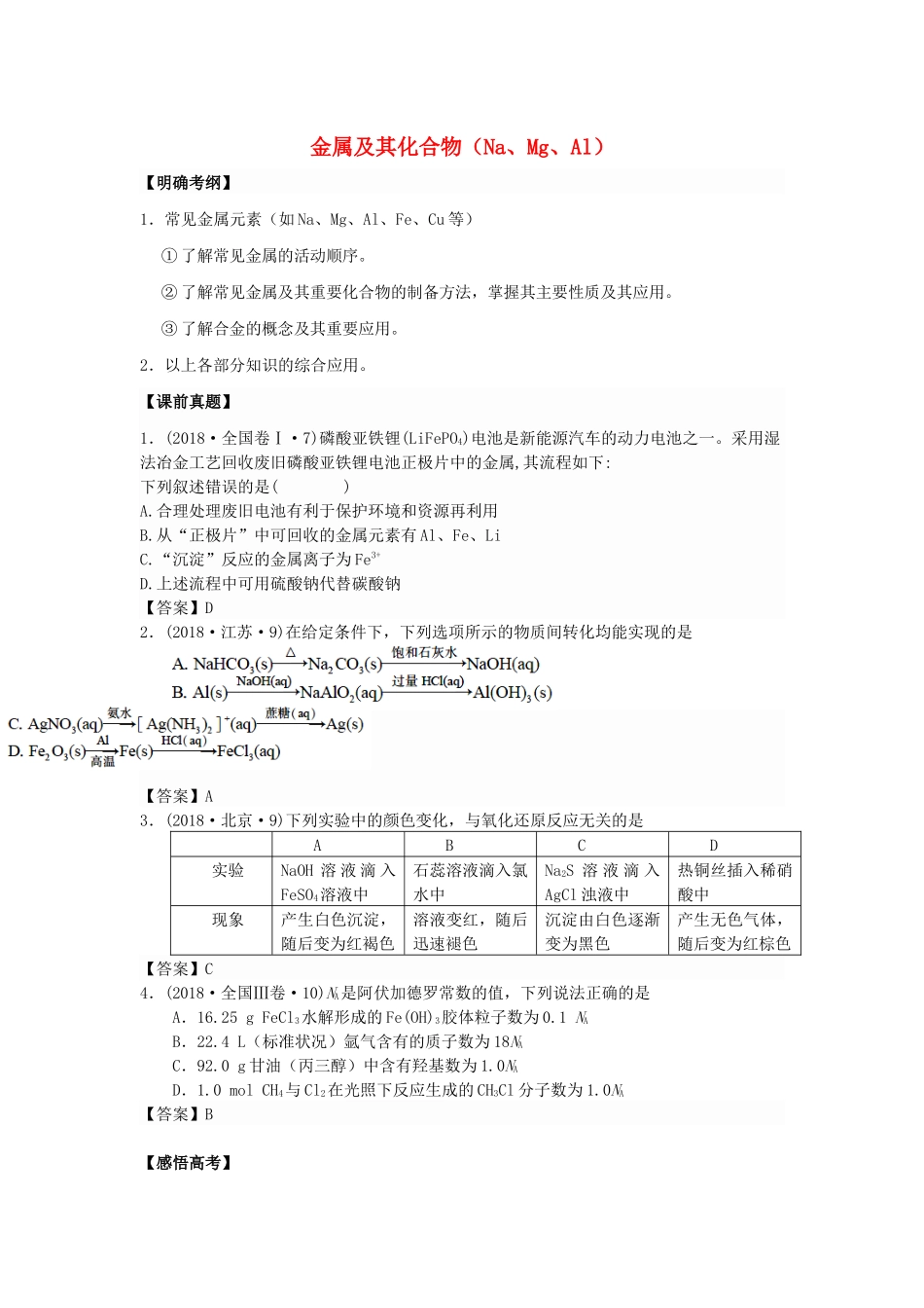 湖南省永州市高考化学二轮复习 课时5 金属及其化合物（Na、Mg、Al）学案-人教版高三全册化学学案_第1页