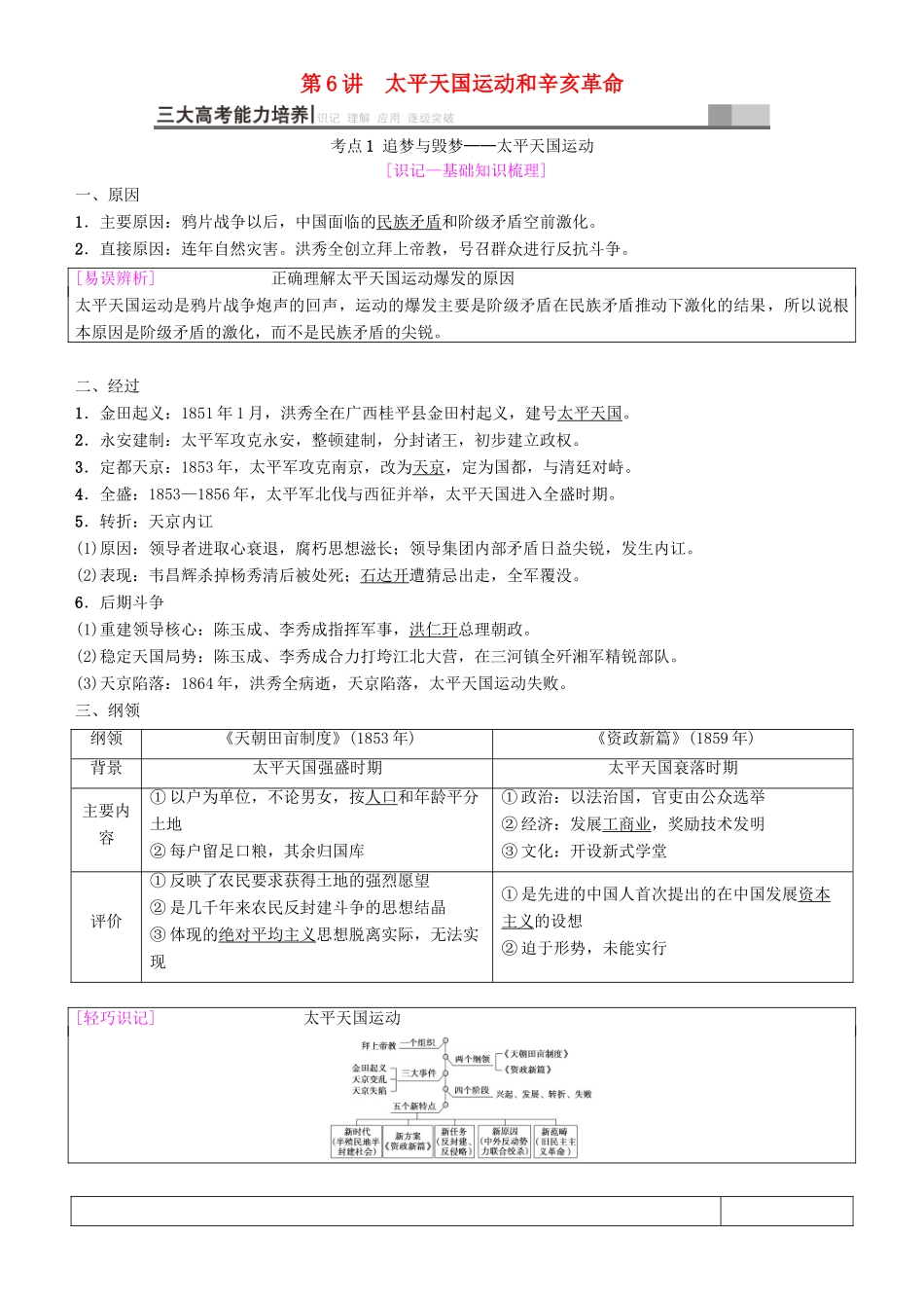 高考历史一轮复习 第3单元 近代中国反侵略、求民主的潮流 第6讲 太平天国运动和辛亥革命学案-人教版高三全册历史学案_第1页
