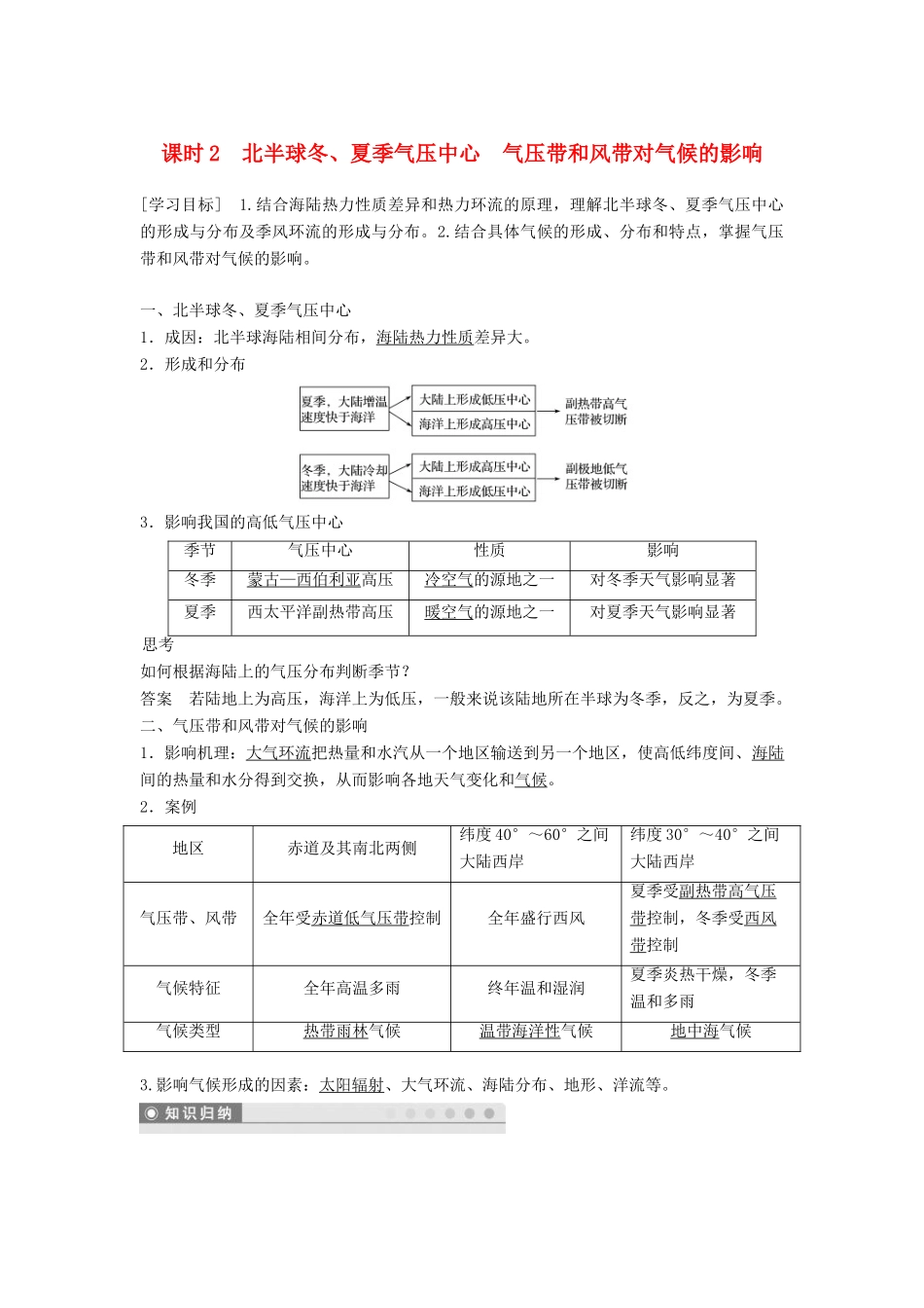 高中地理 第二章 地球上的大气 2.2 气压带和风带课时2学案 新人教版必修1-新人教版高一必修1地理学案_第1页