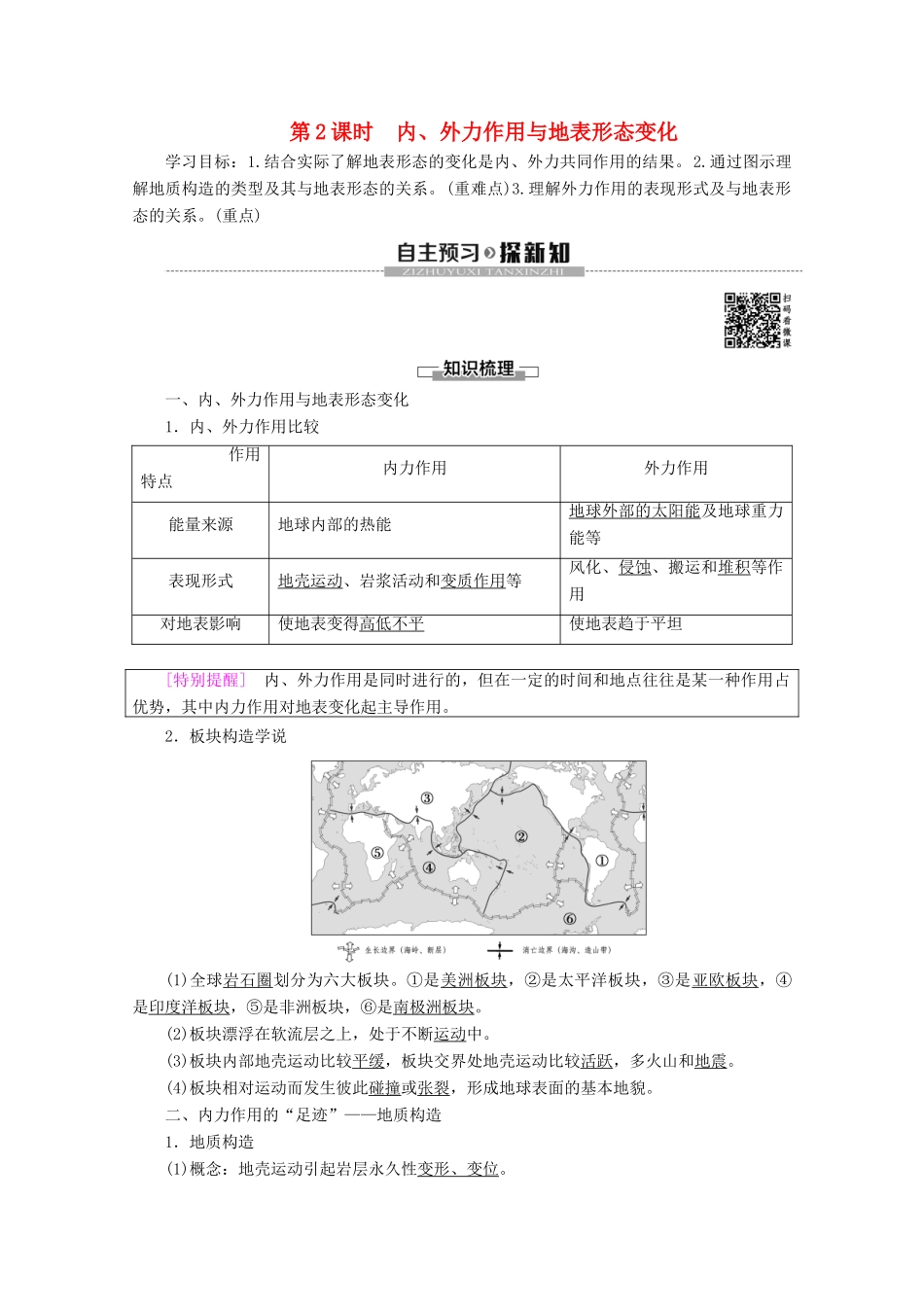 高中地理 第2单元 从地球圈层看地理环境 第1节 岩石圈与地表形态 第2课时 内、外力作用与地表形态变化学案 鲁教版必修1-鲁教版高一必修1地理学案_第1页