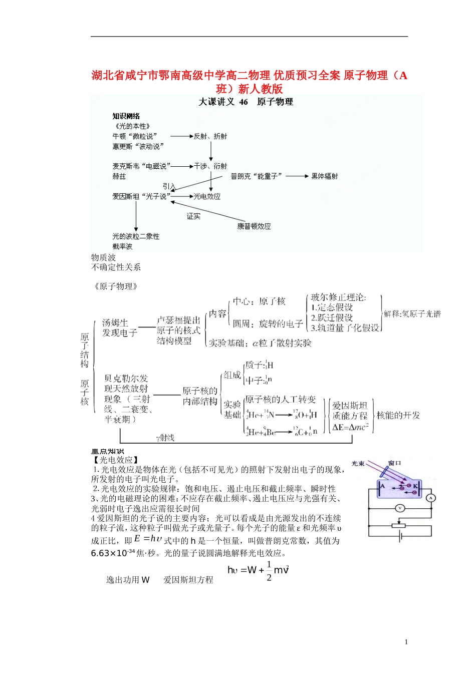 湖北省咸宁市鄂南高级中学高二物理 优质预习全案 原子物理（A班）新人教版_第1页
