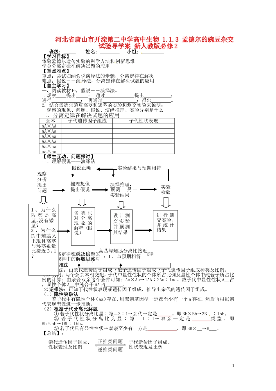 河北省唐山市开滦第二中学高中生物 1.1.3 孟德尔的豌豆杂交试验导学案 新人教版必修2_第1页