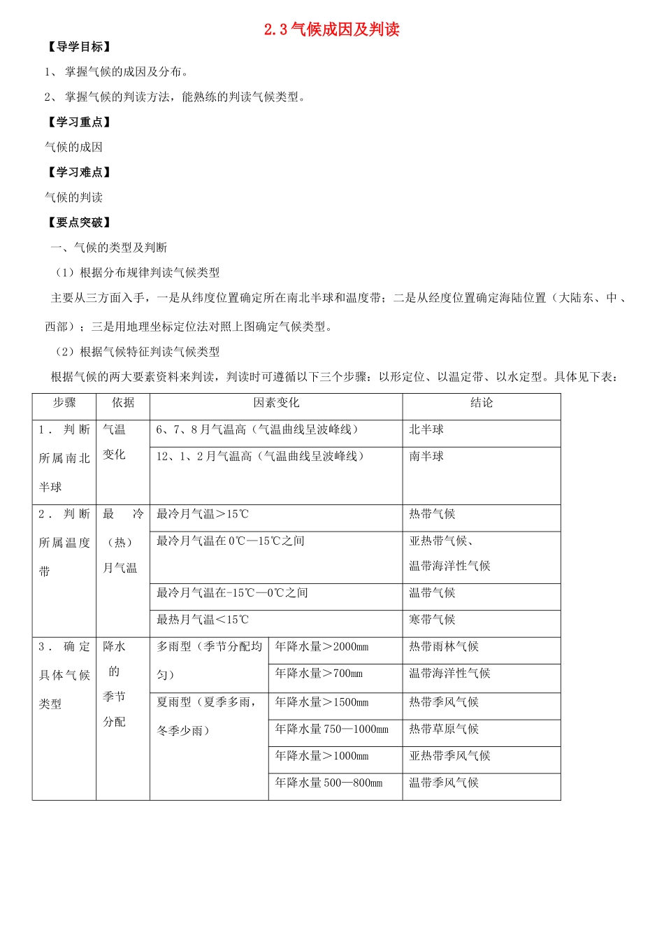 高中地理 2.3《气候成因及判读》导学案 中图版必修1-中图版高一必修1地理学案_第1页