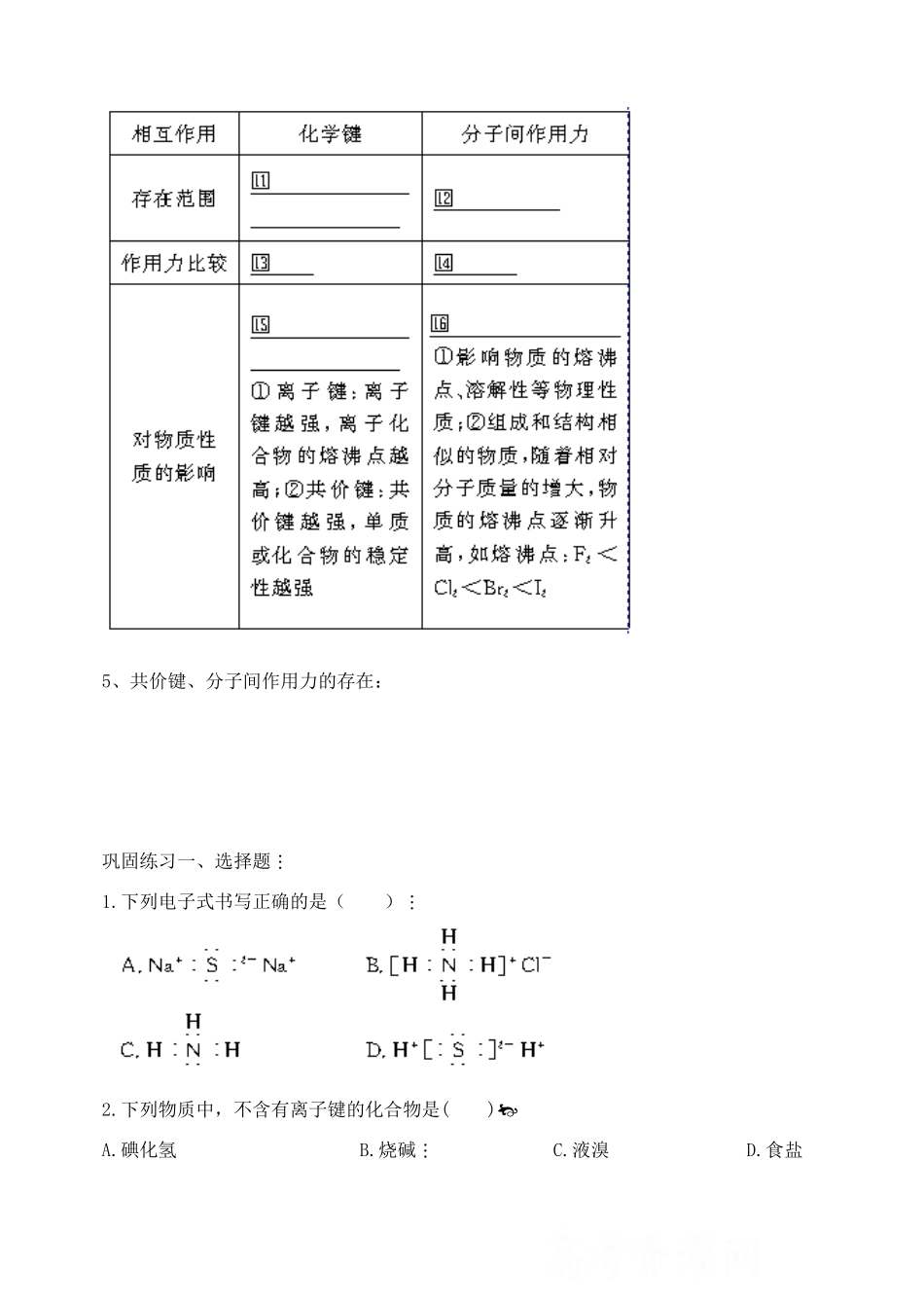 河北省邯郸市临漳县第一中学高一化学 共价键、分子间作用力学案_第2页