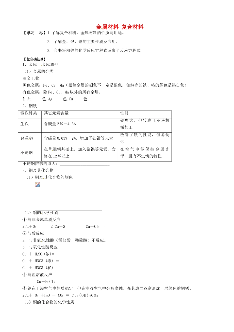河南省新野三高高中化学 金属材料 复合材料导学案 鲁科版必修2_第1页