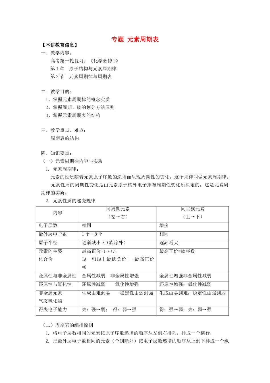 高考化学第一轮复习 专题 元素周期表学案 鲁科版-鲁科版高三全册化学学案_第1页
