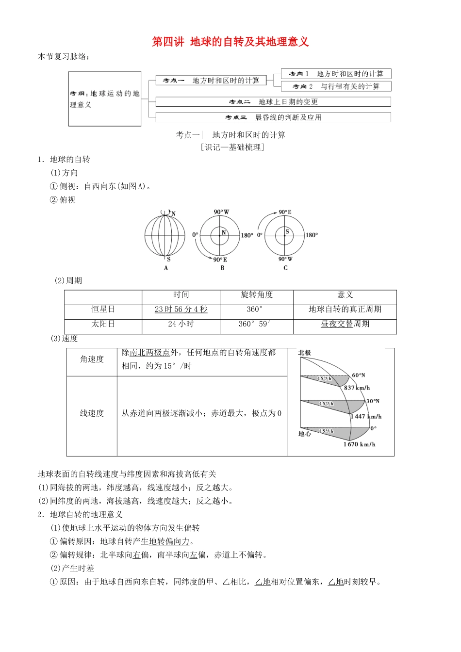 高考地理一轮复习 第四讲 地球的自转及其地理意义讲练结合学案-人教版高三全册地理学案_第1页