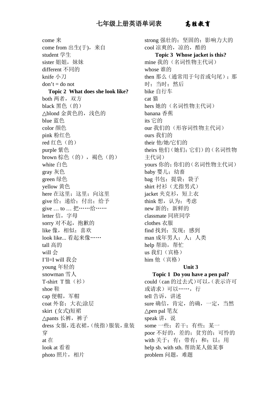 仁爱七年级上册英语单词表_第3页