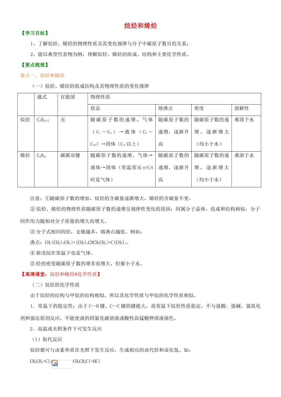高中化学 烷烃和烯烃（基础）知识讲解学案 新人教版选修5-新人教版高二选修5化学学案_第1页